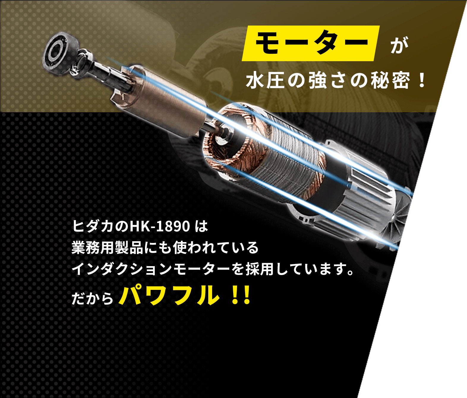 モーターが水圧の強さの秘密！ヒダカのHK-1890 は業務用製品にも使われているインダクションモーターを採用しています。だからパワフル!!